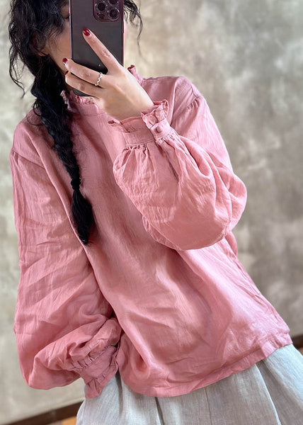 Chic Red Ruffled Linen Blouses Lantern Sleeve MZF-LTP250315