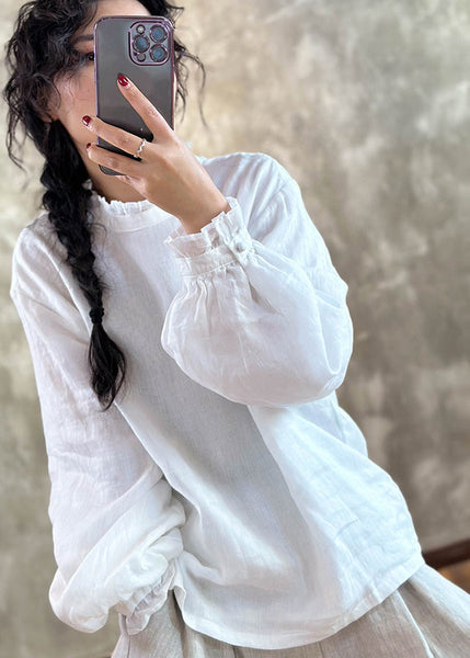 Chic Red Ruffled Linen Blouses Lantern Sleeve MZF-LTP250315