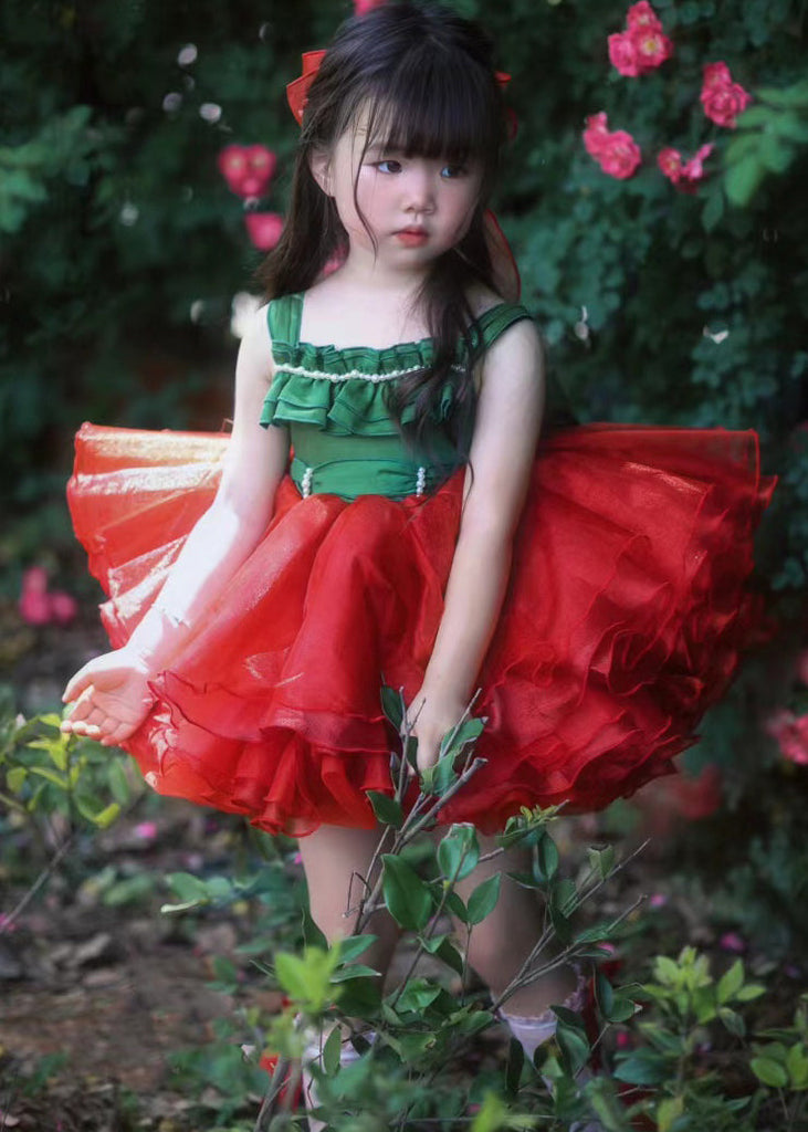 Chic Red Square Collar Patchwork Tulle Girls Spaghetti Strap Dress Summer EW011 WS-JRTZSDM240810