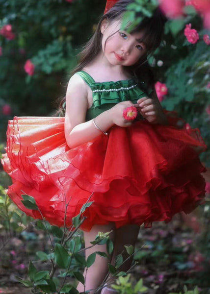 Chic Red Square Collar Patchwork Tulle Girls Spaghetti Strap Dress Summer EW011 WS-JRTZSDM240810