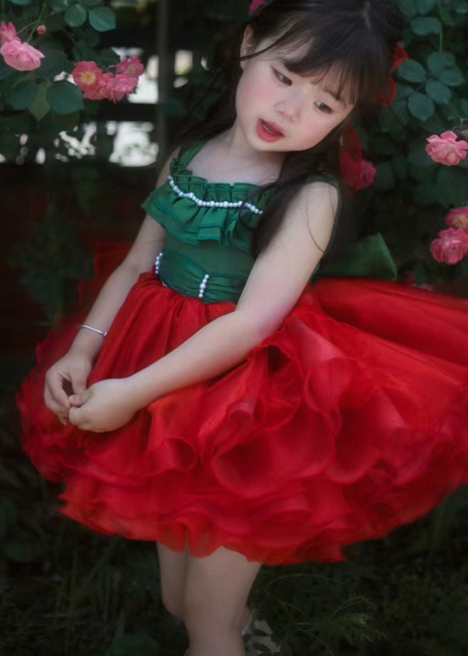 Chic Red Square Collar Patchwork Tulle Girls Spaghetti Strap Dress Summer EW011 WS-JRTZSDM240810