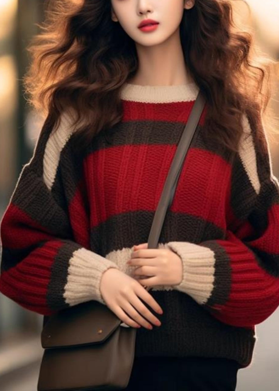 Chic Red Striped Cozy Patchwork Knit Sweater Winter WX029 ABC