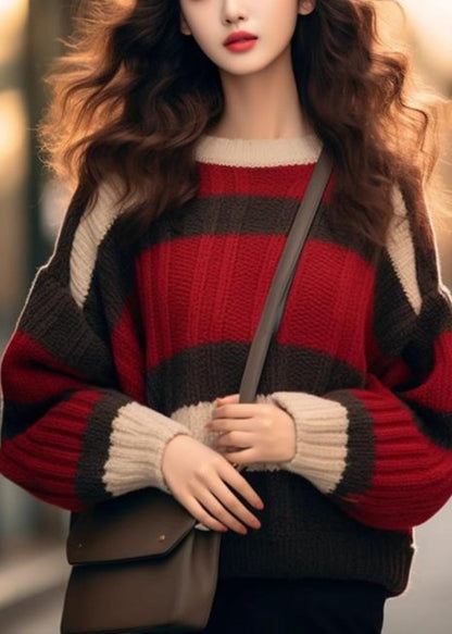 Chic Red Striped Cozy Patchwork Knit Sweater Winter WX029 ABC