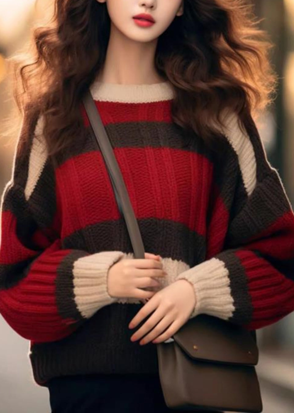 Chic Red Striped Cozy Patchwork Knit Sweater Winter WX029 ABC