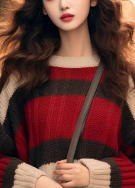 Chic Red Striped Cozy Patchwork Knit Sweater Winter WX029 ABC