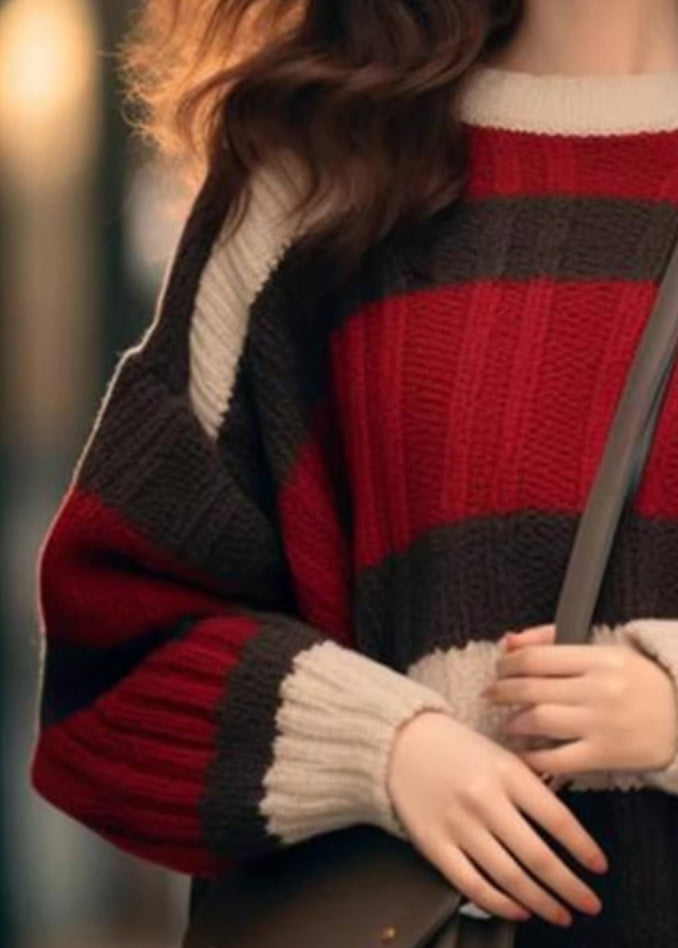 Chic Red Striped Cozy Patchwork Knit Sweater Winter WX029 ABC