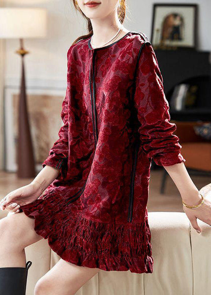 Dresses Chic Vacation Silk Long Neck Ruffled Red V Mid Velvet FashionChic