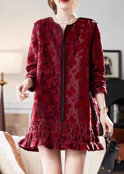 Dresses Chic Vacation Silk Long Neck Ruffled Red V Mid Velvet FashionChic
