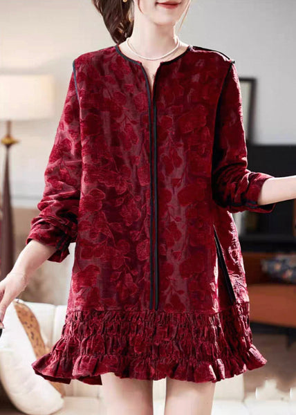 Dresses Chic Vacation Silk Long Neck Ruffled Red V Mid Velvet FashionChic