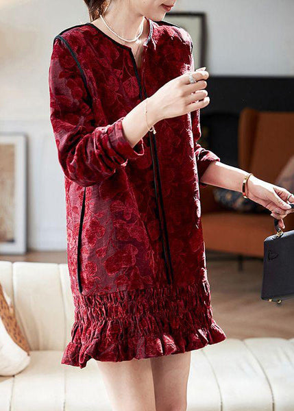 Dresses Chic Vacation Silk Long Neck Ruffled Red V Mid Velvet FashionChic