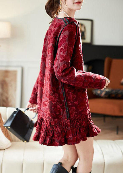 Dresses Chic Vacation Silk Long Neck Ruffled Red V Mid Velvet FashionChic