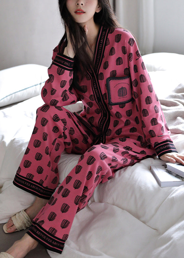 Set Rose Print Pieces Cotton Two Pajamas V Neck Chic Fall FashionChic