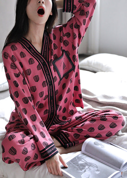 Set Rose Print Pieces Cotton Two Pajamas V Neck Chic Fall FashionChic