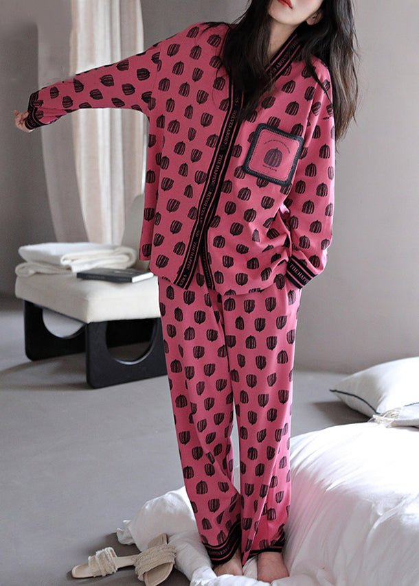 Set Rose Print Pieces Cotton Two Pajamas V Neck Chic Fall FashionChic