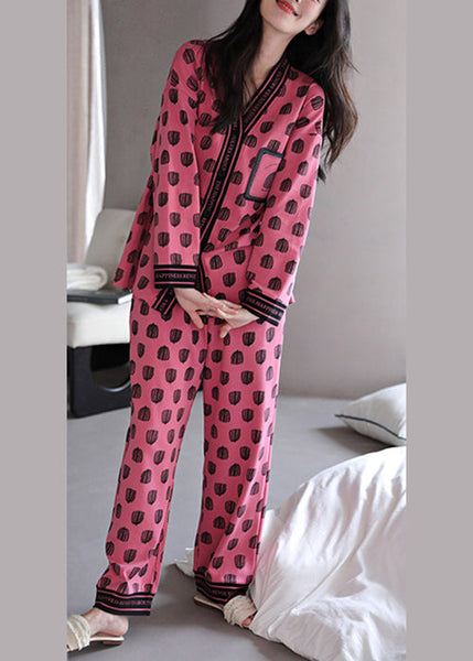 Set Rose Print Pieces Cotton Two Pajamas V Neck Chic Fall FashionChic
