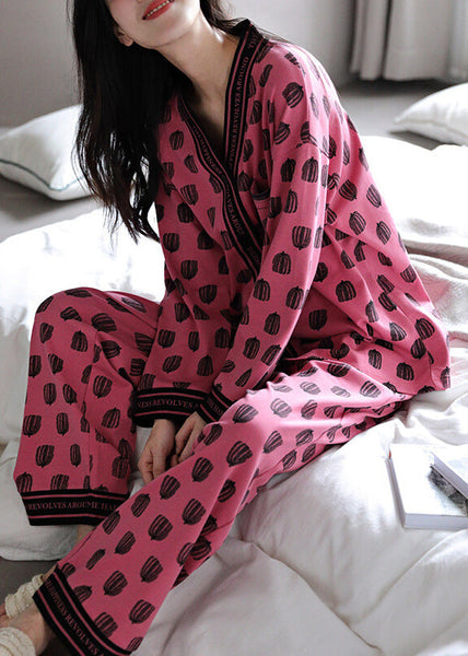 Set Rose Print Pieces Cotton Two Pajamas V Neck Chic Fall FashionChic