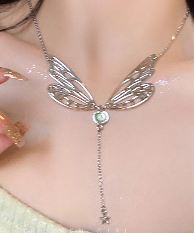 Chic Silk Alloy Gem Stone Butterfly Wing Tassel Pendant Necklace QQ047 JEW-NLC240811