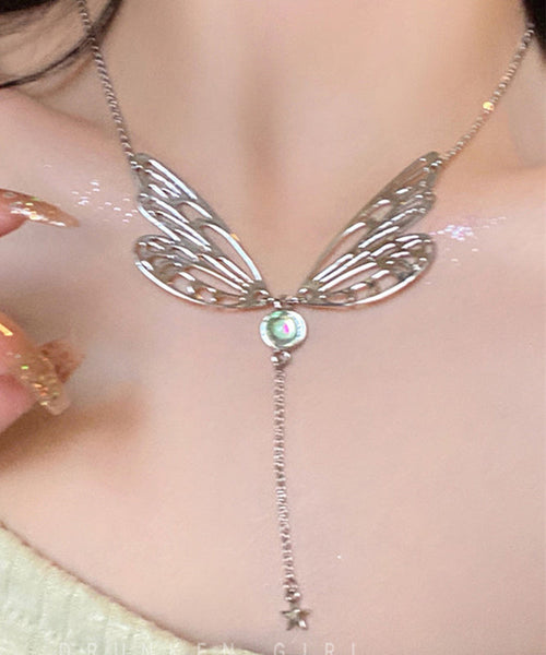 Chic Silk Alloy Gem Stone Butterfly Wing Tassel Pendant Necklace QQ047 JEW-NLC240811