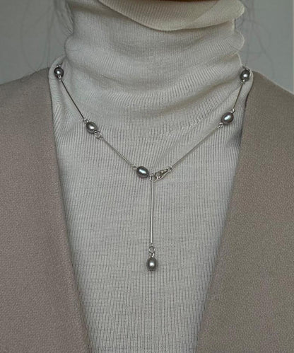 Chic Silk Stainless Steel Pearl Lariat Necklace QJ015 JEW-NLC241021