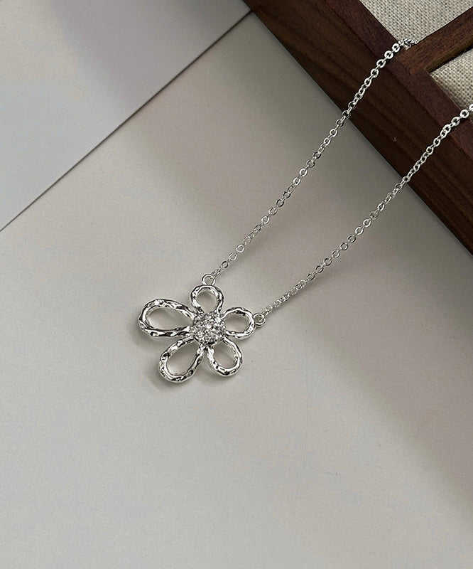 Chic Silk Sterling Silver Zircon Sunflower Hollow Out Pendant Necklace PO007 JEW-NLC240729