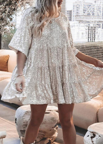Chic Silver O Neck Sequins Cotton Mid Dress Summer AA1043 Ada Fashion