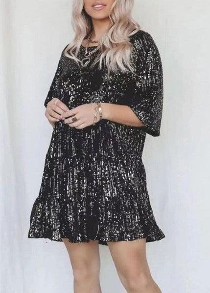 Chic Silver O Neck Sequins Cotton Mid Dress Summer AA1043 Ada Fashion