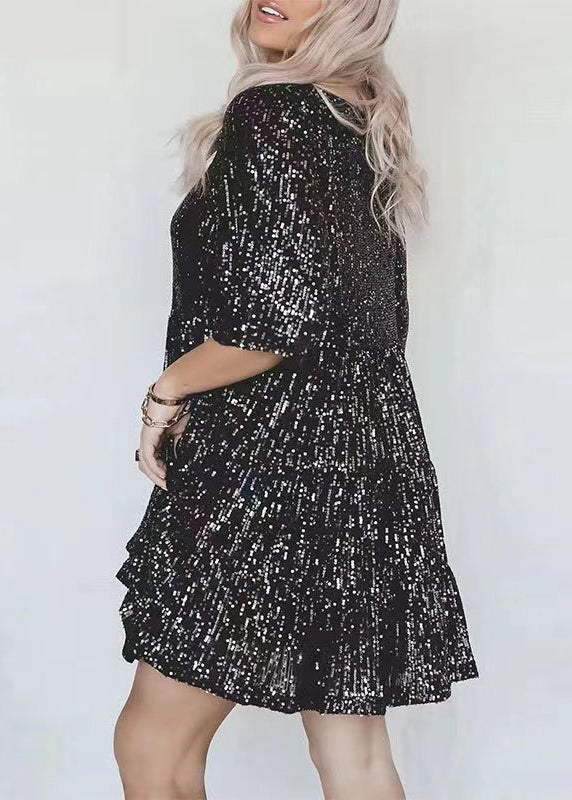 Chic Silver O Neck Sequins Cotton Mid Dress Summer AA1043 Ada Fashion
