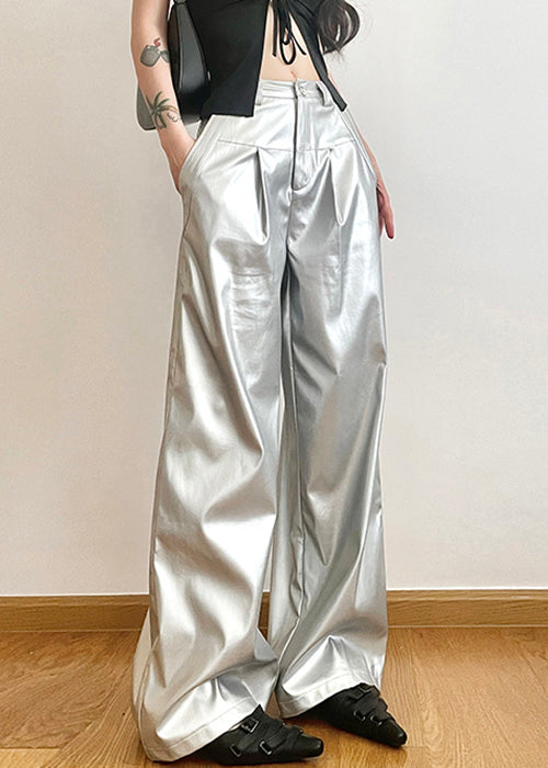 Chic Silver Pockets High Waist Wide Leg Pants Summer PP024 OM-NZ240827