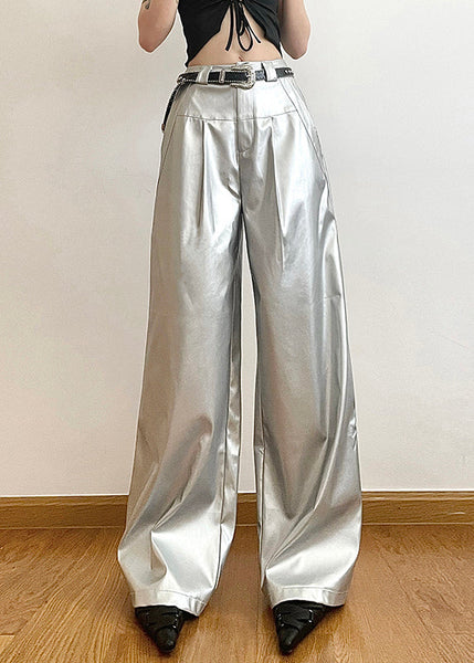 Chic Silver Pockets High Waist Wide Leg Pants Summer PP024 OM-NZ240827