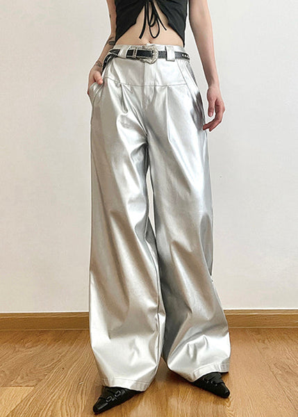 Chic Silver Pockets High Waist Wide Leg Pants Summer PP024 OM-NZ240827