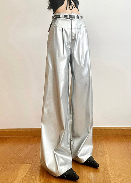 Chic Silver Pockets High Waist Wide Leg Pants Summer PP024 OM-NZ240827
