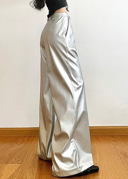 Chic Silver Pockets High Waist Wide Leg Pants Summer PP024 OM-NZ240827