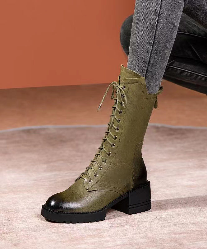 Chic Splicing Chunky Boots Green Cowhide Leather Lace Up RD005 按错