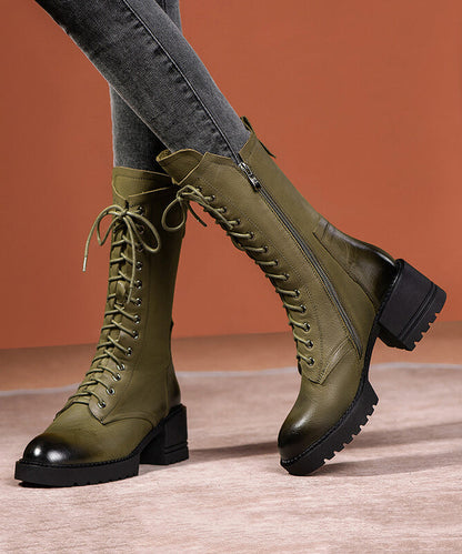 Chic Splicing Chunky Boots Green Cowhide Leather Lace Up RD005 按错