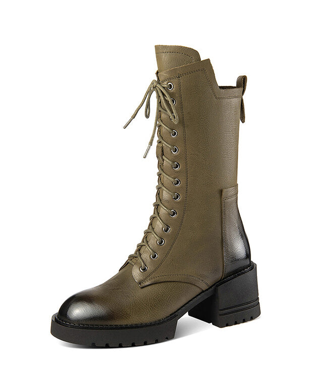 Chic Splicing Chunky Boots Green Cowhide Leather Lace Up RD005 按错