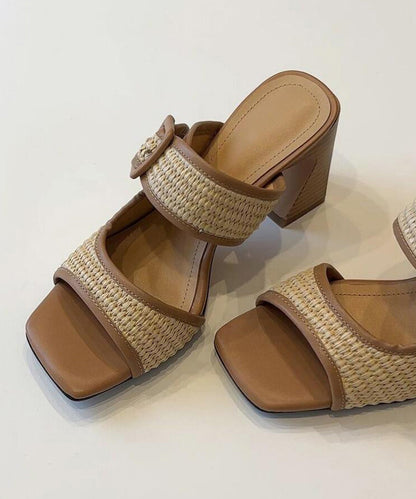 Faux Heel Chic Splicing Sandals Leather Chunky Slide Brown FashionChic