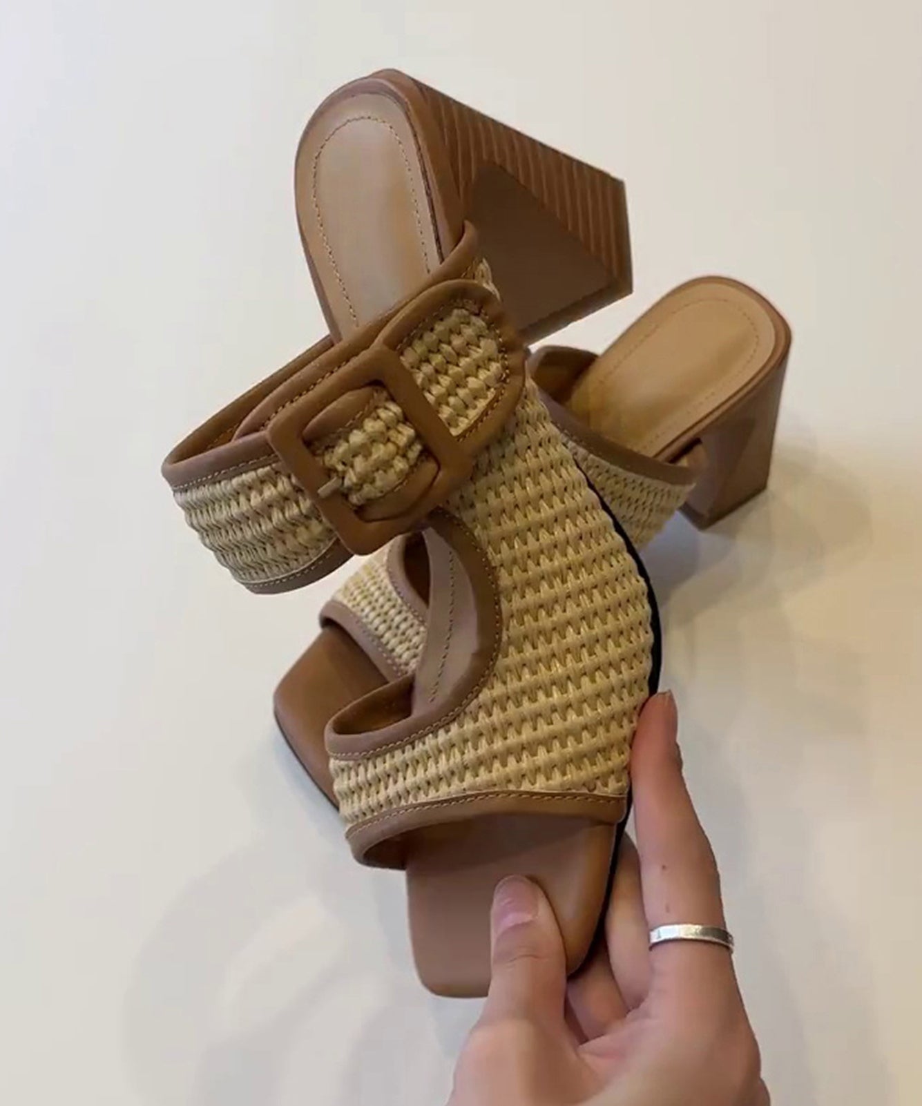 Faux Heel Chic Splicing Sandals Leather Chunky Slide Brown FashionChic