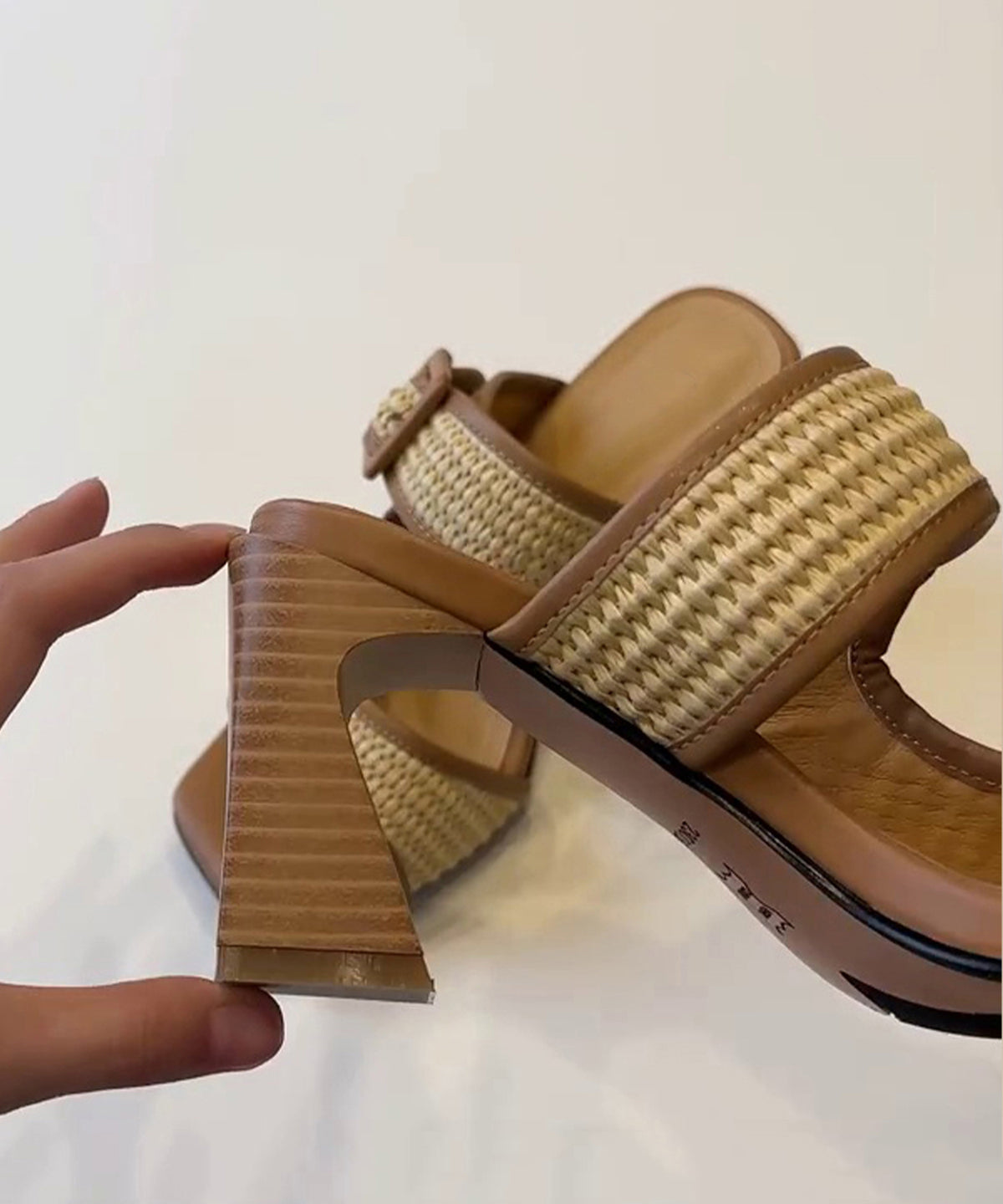 Faux Heel Chic Splicing Sandals Leather Chunky Slide Brown FashionChic