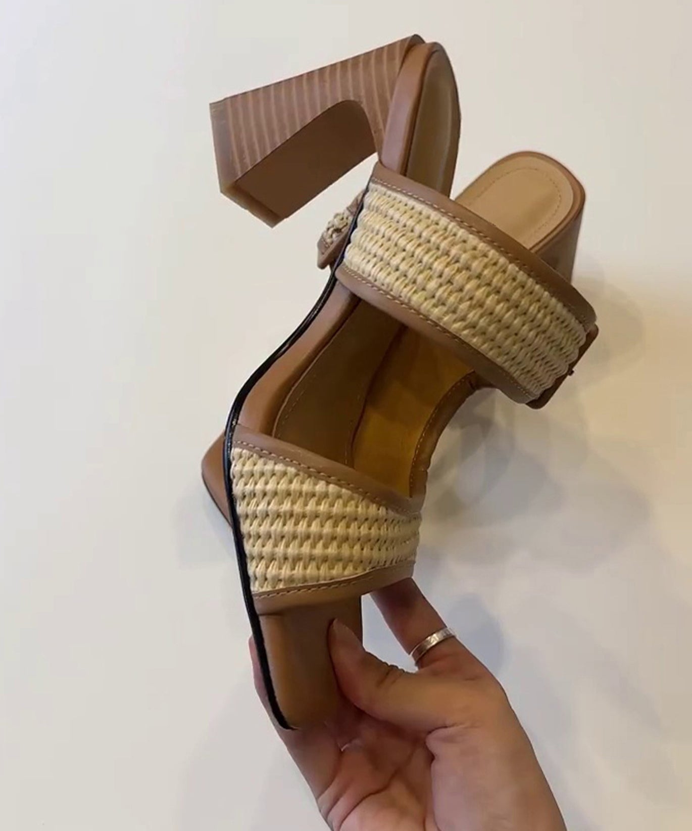 Faux Heel Chic Splicing Sandals Leather Chunky Slide Brown FashionChic
