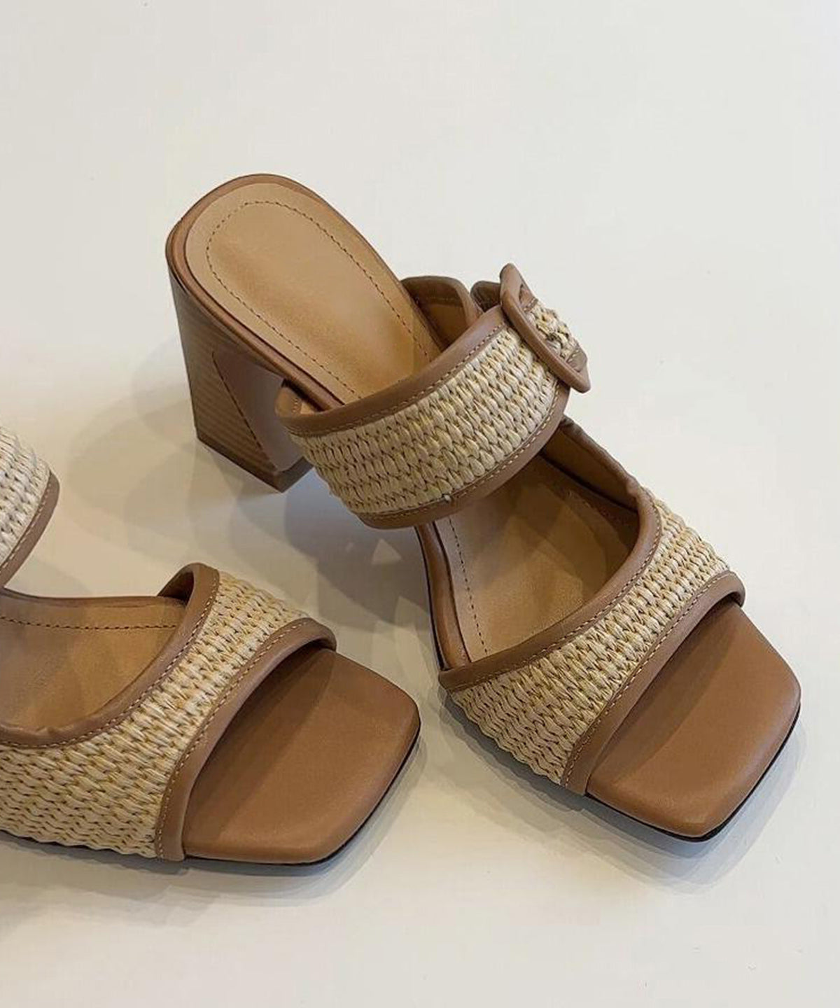 Faux Heel Chic Splicing Sandals Leather Chunky Slide Brown FashionChic