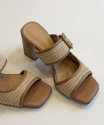 Faux Heel Chic Splicing Sandals Leather Chunky Slide Brown FashionChic