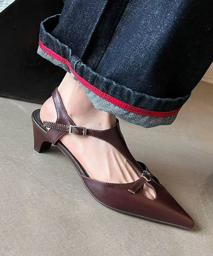 Hollow Chunky Splicing Out Brown Cowhide Sandals Leather Chic FashionChic