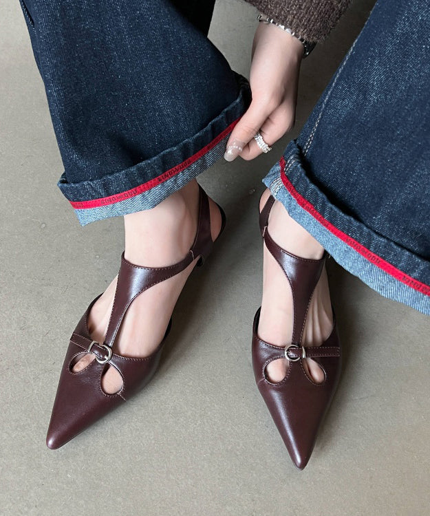 Hollow Chunky Splicing Out Brown Cowhide Sandals Leather Chic FashionChic