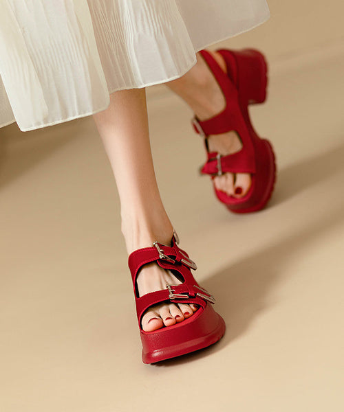 Chunky Black Peep Toe Splicing Sandals Leather Chic Cowhide FashionChic