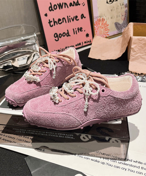 Up Splicing Zircon Suede Purple Lace Pearl Chic Flats FashionChic