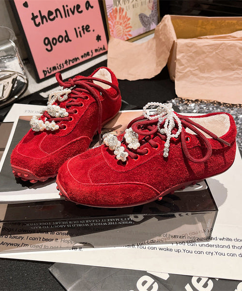 Flats Suede Purple Zircon Chic Lace Up Pearl Splicing FashionChic