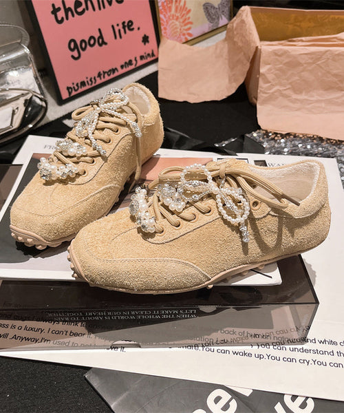 Flats Suede Purple Zircon Chic Lace Up Pearl Splicing FashionChic