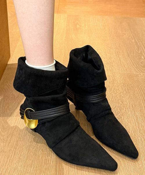 Splicing Chic Boots Toe Heel High Pointed Suede Black FashionChic