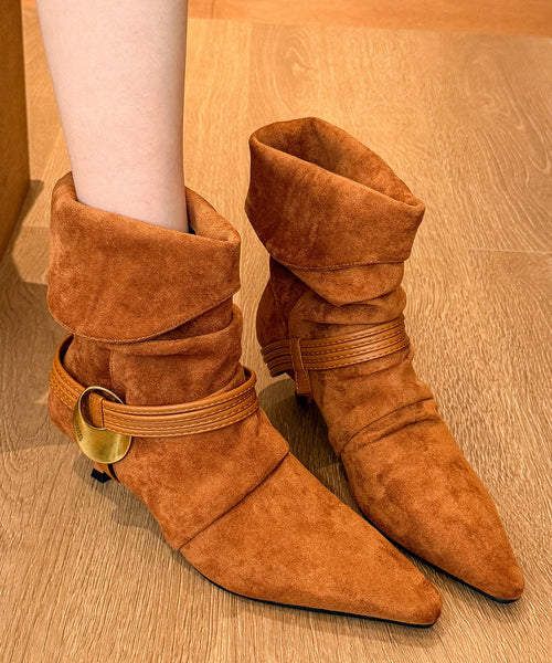 Splicing Chic Boots Toe Heel High Pointed Suede Black FashionChic