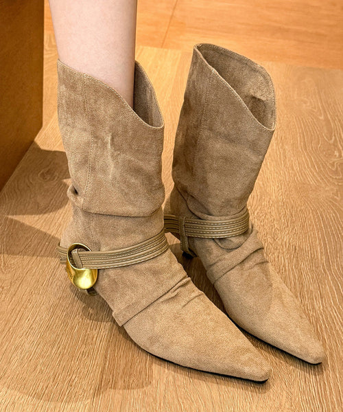 Splicing Chic Boots Toe Heel High Pointed Suede Black FashionChic